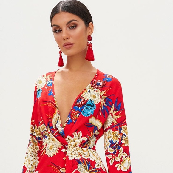 PrettyLittleThing Dresses & Skirts - Red Floral long sleeve wrap dress from PLT available in size 0